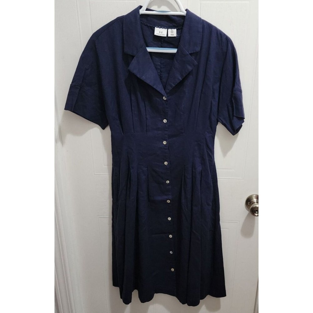Halston Womens Short Sleeve Button Down Pleated Midi Dress Linen Blend Blue Sz 4